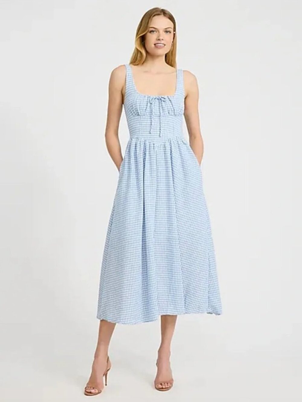 Thirty / Thirty Gingham Tie-Front Midi Sundress in Blue